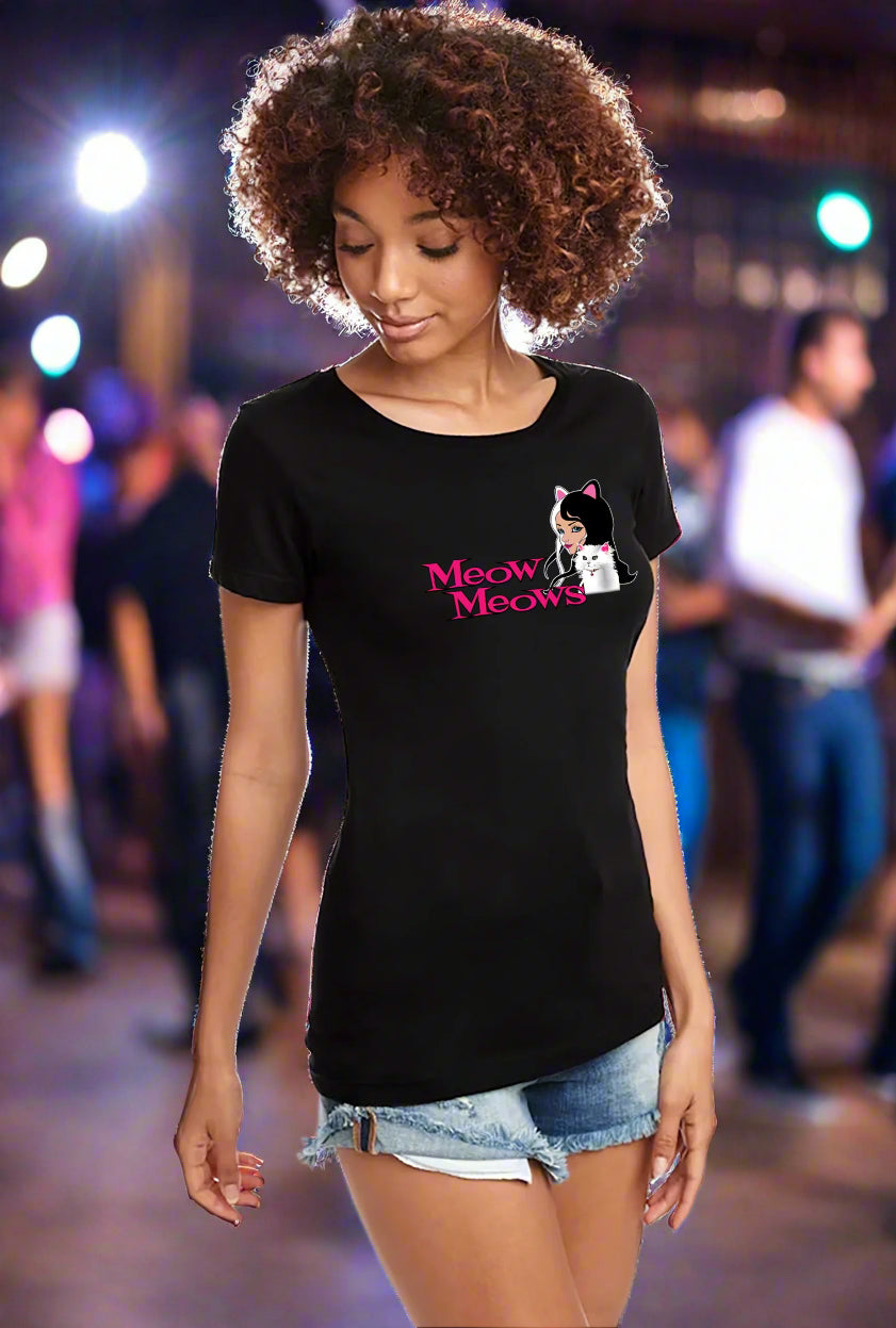 Meow Meows Corp Black T-shirt with Pink logo